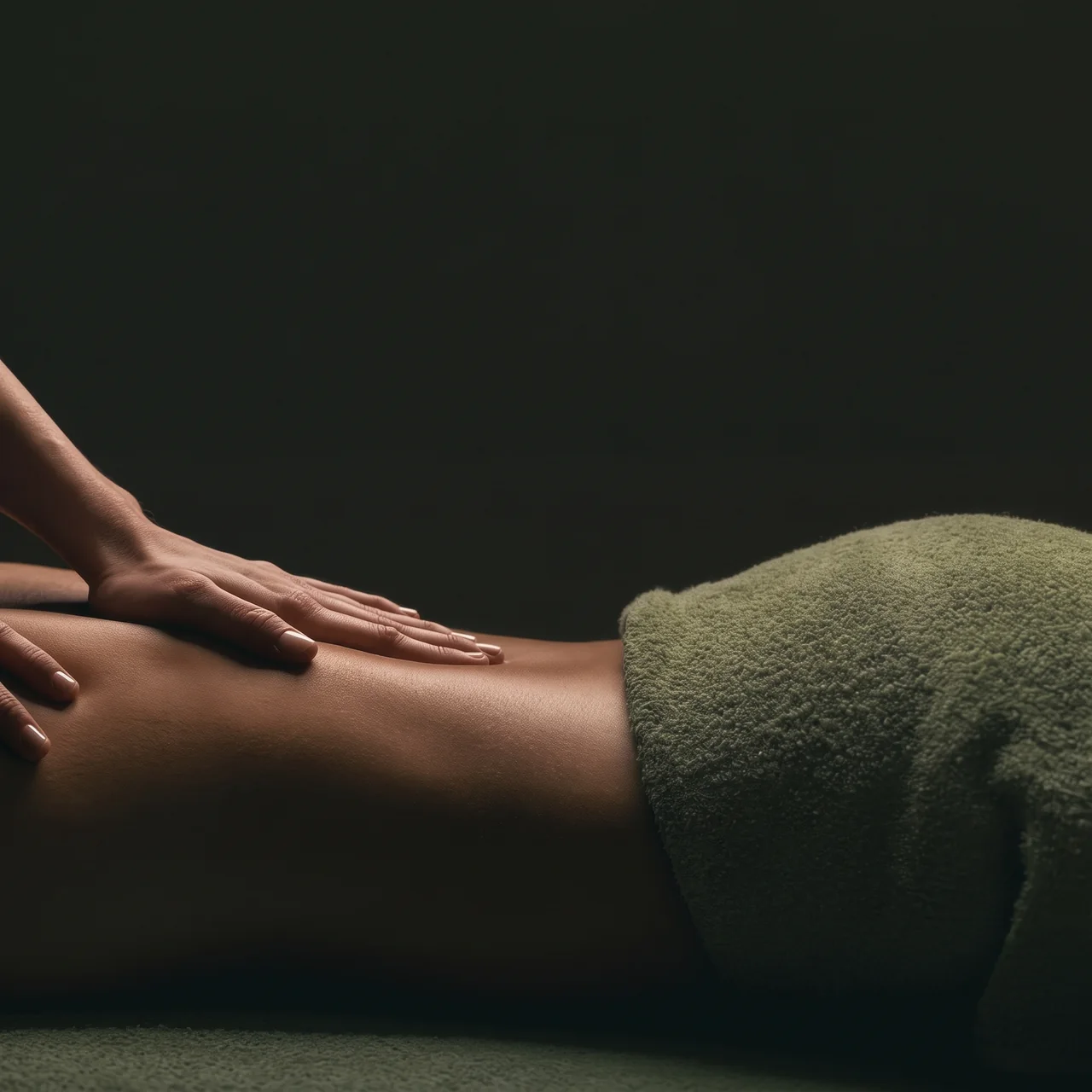 Illustrative photograph of hands resting on a back beside a muted green-gray towel.