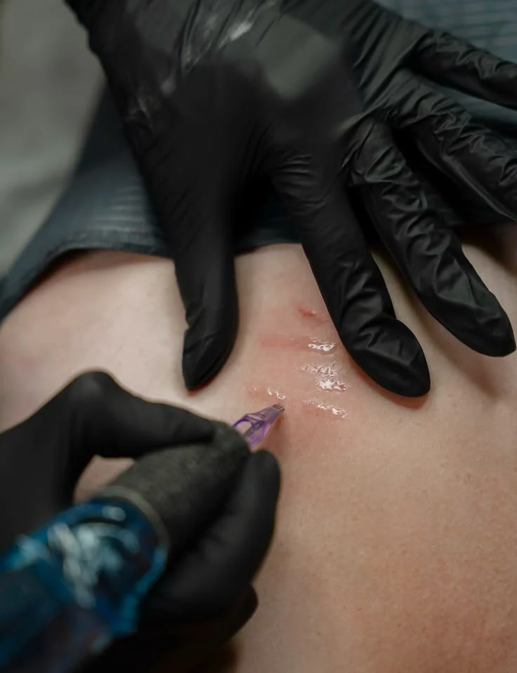 Black-gloved hands guiding a treatment pen over skin.